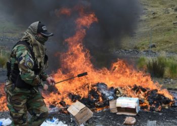 Oficiales de la policía boliviana antinarcóticos incineran cocaína y marihuana en las afueras de La Paz, el 5 de diciembre de 2019 (AFP).